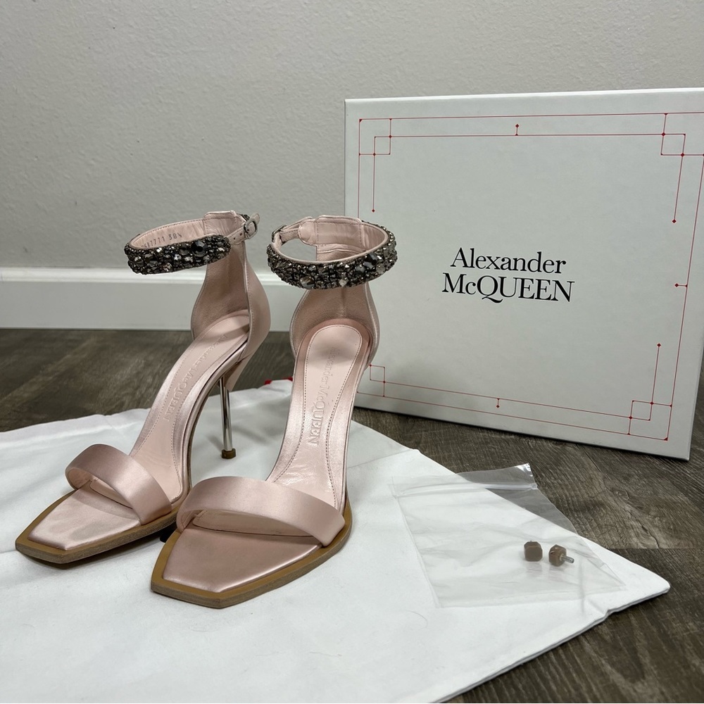 Alexander McQueen Blush Pink Satin Ankle Strap Heels with Jeweled Cuffs